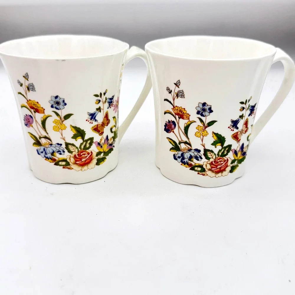 Aynsley Home Coffee Mug Set 2 Bone China Cottage Garden Floral Fluted England